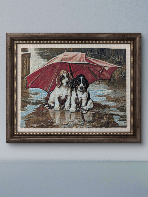 Cross-stitch Dogs under a red umbrella